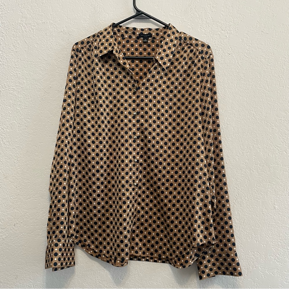 Ann Taylor Women’s 12 Shirt Brown Polka Dot Long Sleeve Button Up Collar